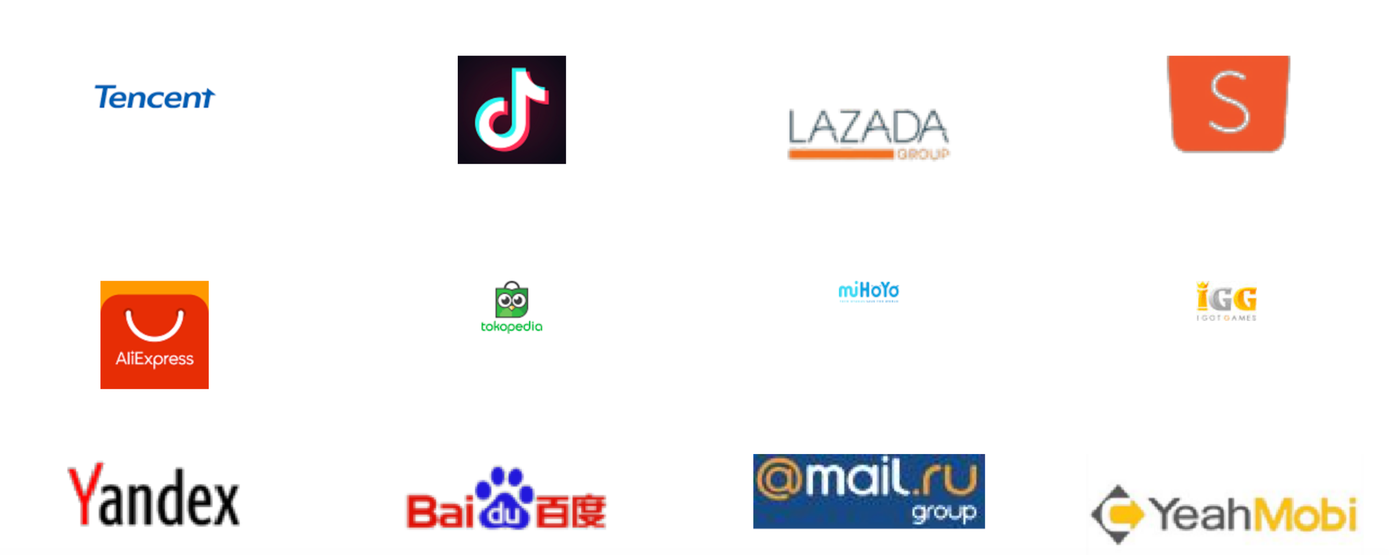 Partners: Tencent, TikTok, LAZADA, Shopee, AliExpress, ICC, Yandex, Baidu, Mail.ru, YeahMobi